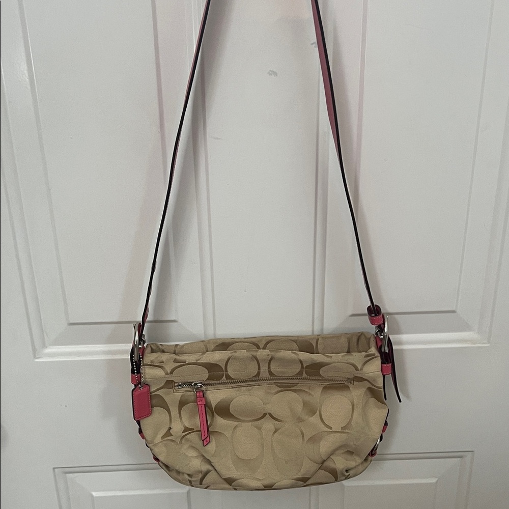 Coach convertible strap east west , pink leather trim, signature canvas bag GUC - Picture 1 of 10